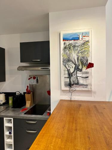 une cuisine avec un comptoir et un tableau au mur dans l'établissement ART'APPART, à Narbonne