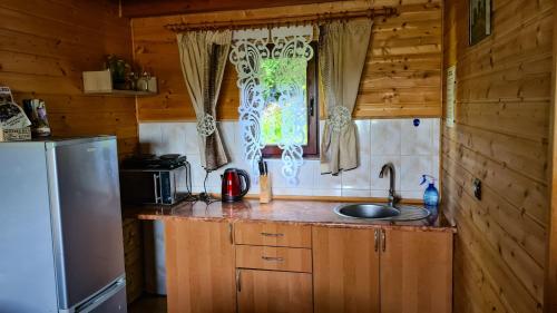 a kitchen with a sink and a refrigerator at Domki nad Soliną CZARNY KOT 509-797-777 in Solina