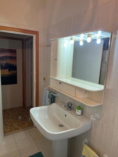 a bathroom with a white sink and a mirror at appartamento Il Galletto in Vitiano