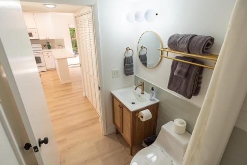 a bathroom with a toilet and a sink and a mirror at Private Tropical Beach Oasis - Aloe in Cape Canaveral