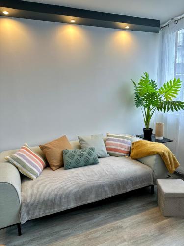 - un salon avec un canapé et des oreillers dans l'établissement Appartement hyper-centre Stella, à Dunkerque