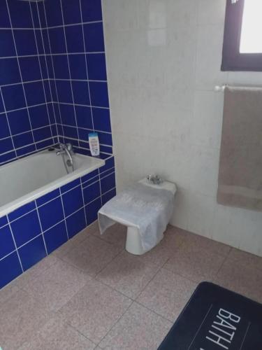 La salle de bains est pourvue de carrelage bleu, de toilettes et d'une baignoire. dans l'établissement Maison charmante à Sorède avec jardin clos et barbecue, à Sorède