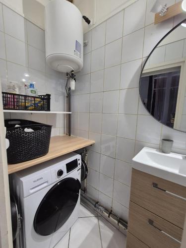 une petite cuisine avec une machine à laver et un évier dans l'établissement Cozy ivry, à Ivry-sur-Seine