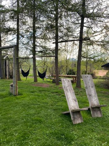 two hammocks in a park with trees and grass at Lepiej trafić nie mogliście in Mieroszów