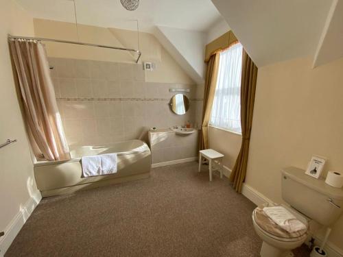 a bathroom with a tub and a toilet and a sink at Cedar Lodge in Llandudno