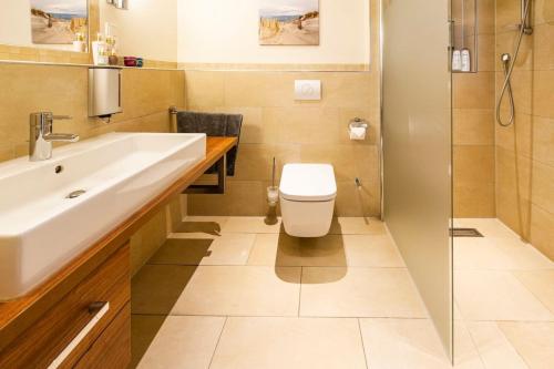 a bathroom with a toilet and a sink and a shower at Oldenburg 03 in Wangerooge