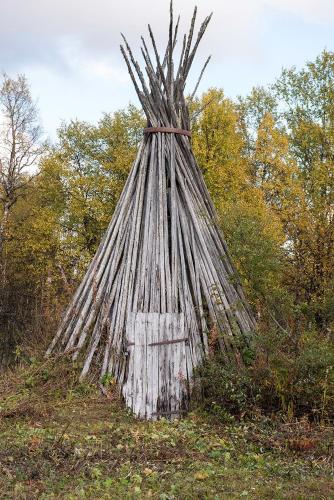 a large pile of sticks sitting in the grass at Unigue mountain lodge in the heart of Jämtland in Undersåker