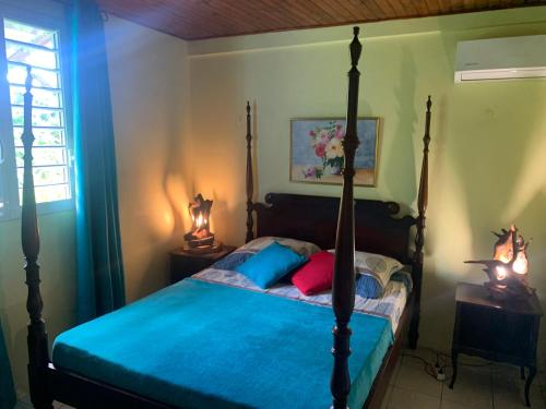 a bedroom with a bed with a blue comforter at LA MAISON BLEUE ECO-TOURISME in Le Vauclin