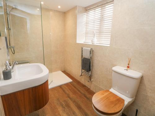 a bathroom with a toilet and a sink at Barnfields Holiday Cottage in Kingsley