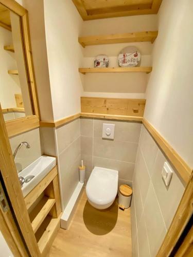 une petite salle de bain avec toilettes et lavabo dans l'établissement Le Janus - Les Tanières de Montgenèvre - Appartement cosy 7p avec 2 garages & sauna, à Montgenèvre