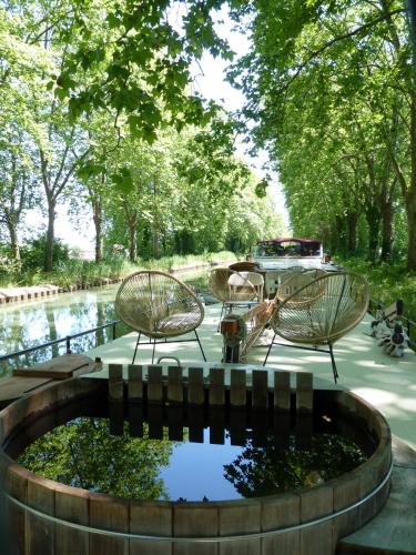 a garden with two chairs and a pond at Péniche Wakaï - Chambres d'hôtes in Le Mas-dʼAgenais