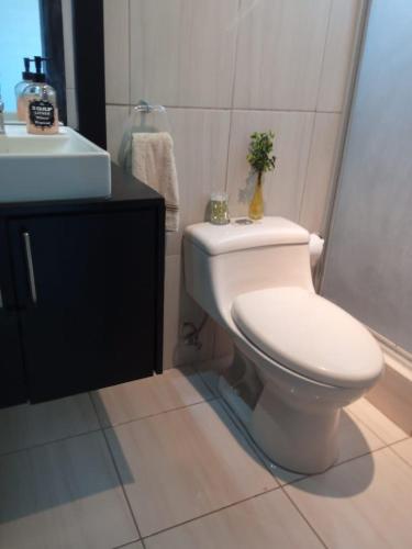 a bathroom with a toilet and a sink at Moderno Apartamento completo 3piscinas 2jacuzzi y Playa cerca in Tonsupa