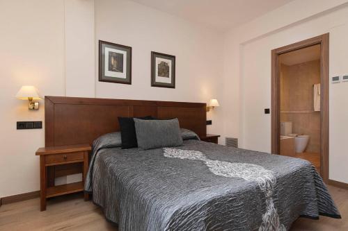a bedroom with a large bed with a wooden headboard at Hotel Cinca in Escalona