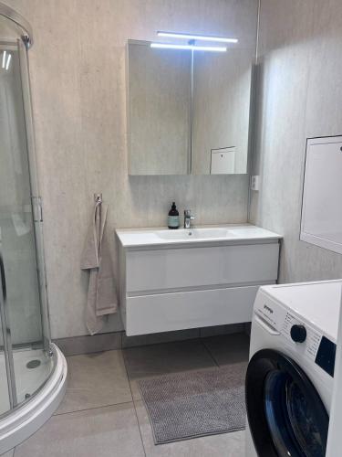a bathroom with a sink and a washing machine at Newly built, bright apartment in Skien