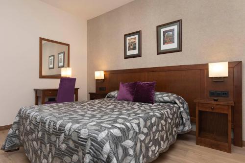 a hotel room with a bed with purple pillows at Hotel Cinca in Escalona