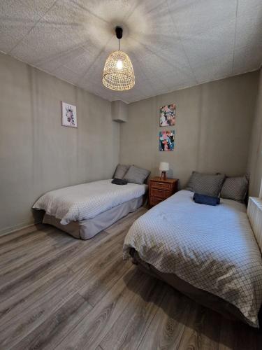 une chambre avec deux lits et un ventilateur de plafond dans l'établissement Parenthèse Bergeracoise, à Bergerac