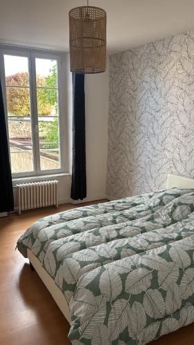 une chambre avec un lit, une fenêtre et un lustre dans l'établissement Appartement cosy centre-ville, à Falaise