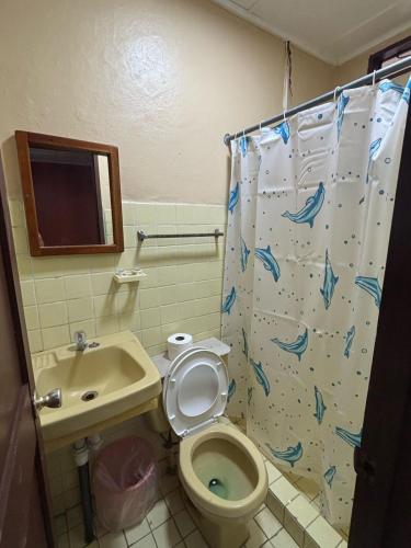 a bathroom with a toilet and a sink at Hotel Rio Mar in Puntarenas