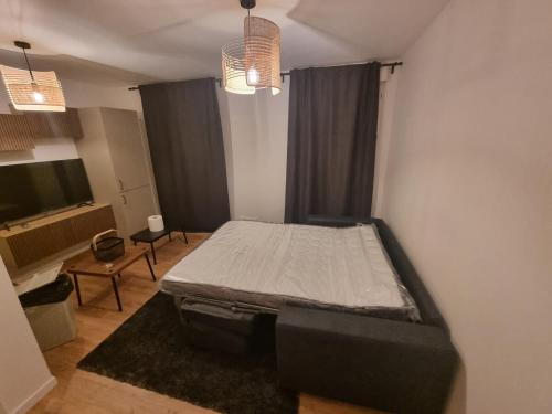 Cette chambre comprend un lit et des rideaux. dans l'établissement Le COSY 2 de disneyland paris, à Bussy-Saint-Georges