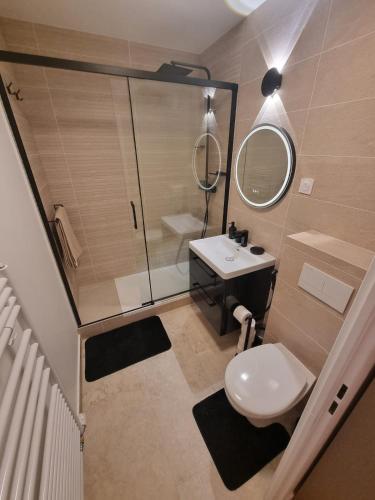 une salle de bain avec toilettes, lavabo et douche dans l'établissement Le COSY 2 de disneyland paris, à Bussy-Saint-Georges