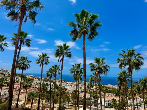 a group of palm trees on the beach at Panoramic Paradise Tenerife Ocean View & Comfort in Adeje