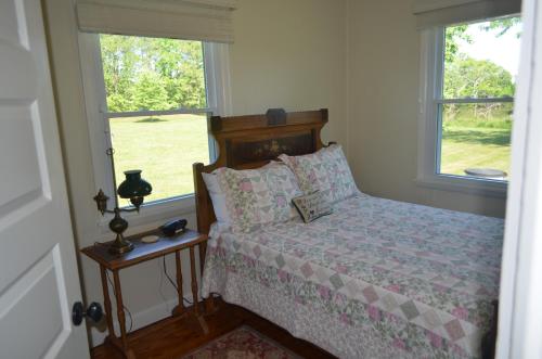 a bedroom with a bed and two windows at The Cottage at Heron Cove in Cambridge
