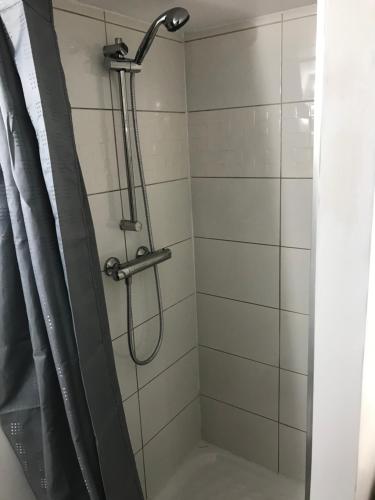 une douche avec pommeau de douche dans une salle de bain dans l'établissement STUDIO à ROUILLON, à Rouillon