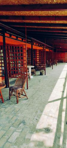 a pavilion with benches and tables in a building at Salaš Farma 47-Miris Dunja in Čenej
