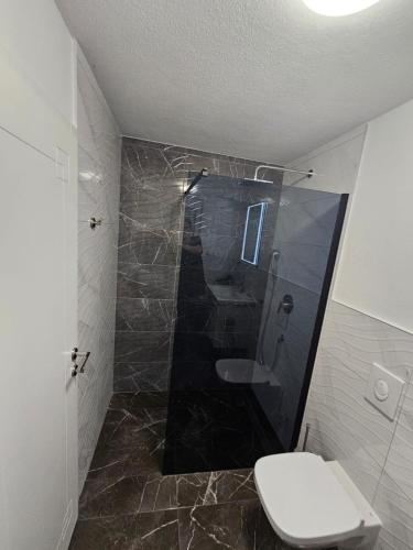 a bathroom with a toilet and a glass shower at Villa BOTIĆ in Trogir