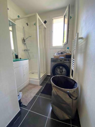 une salle de bain avec un lavabo et une machine à laver dans l'établissement Appartement centre-ville Quimper, à Quimper