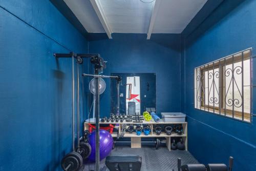 a blue room with a gym with a mirror at Quiet double, twin or triple room with private bathroom, not ensuite in Sliema
