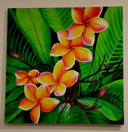 a painting of three flowers with green leaves at Barefoot Bungalow Hikka in Hikkaduwa