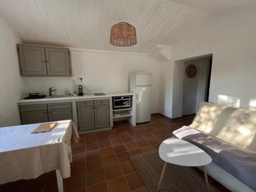 - une cuisine avec un canapé et une table dans une chambre dans l'établissement Charmant Provençal Cabanon à Montfort-sur-Argens, à Montfort-sur-Argens