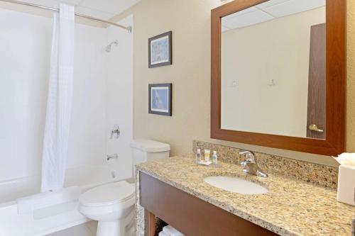 a bathroom with a sink and a toilet and a mirror at Comfort Inn & Suites Wichita Northeast in Wichita
