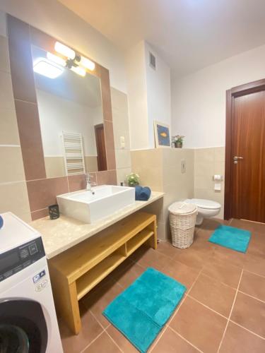 a bathroom with a sink and a toilet and a mirror at Wave and Sun Apartment in Hel