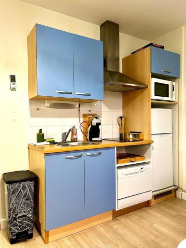 une cuisine avec des armoires bleues et un évier dans l'établissement Studio cosy proche hyper centre et gare, à Banyuls-sur-Mer