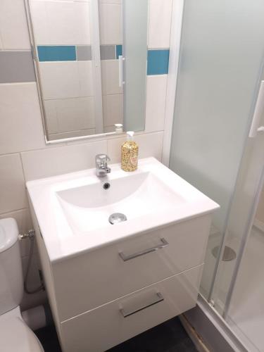 une salle de bain avec un lavabo blanc et un miroir dans l'établissement Studio Paris 11 Bien situé et fonctionnel, à Paris