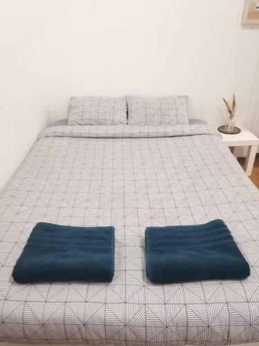 un lit avec deux oreillers bleus dessus dans l'établissement Studio Paris 11 Bien situé et fonctionnel, à Paris