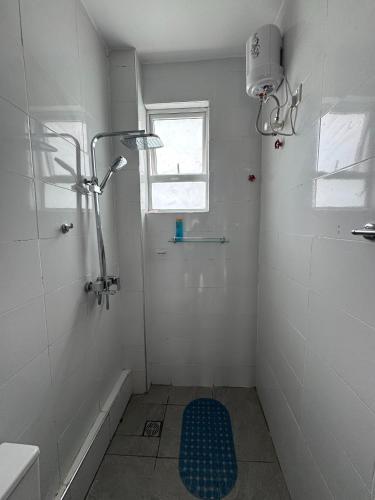 a bathroom with a shower and a blue rug at 1 bedroom beach apartment-Swan Homes in Malindi