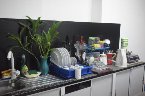 een aanrecht met een spoelbak en een heleboel servies bij Villa Green Garden in Hikkaduwa