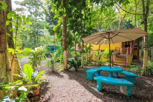 a blue picnic table with an umbrella and a bench at Hotel Boutique D Angelo in Manzanillo