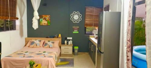 a bedroom with a bed and a sink and a refrigerator at Villasjohnclair in Eau Vanée