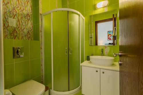 a green bathroom with a toilet and a sink at Kallisti Beach & Spa Villa - A Luxury Seaside Retreat in Lachi
