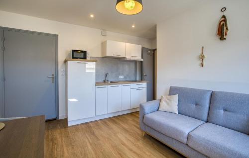 un salon avec un canapé et une cuisine dans l'établissement Pet Friendly Apartment, au Château-dʼOléron