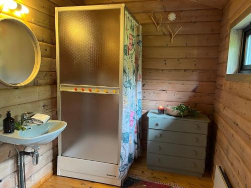 a bathroom with a shower and a sink at Lofoten MidnightSun Lodge in Sandsletta