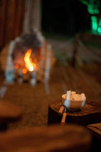 a bowl of marshmallows next to a fire at Cabana Bosque Encantado I in Santa Teresa