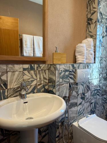 a bathroom with a sink and a mirror and a toilet at Voyage House in the countryside Polen in Korçë