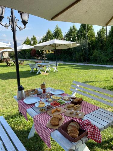 un tavolo da picnic con cibo sopra in un parco di La Casa Verde Butik Otel a Smirne