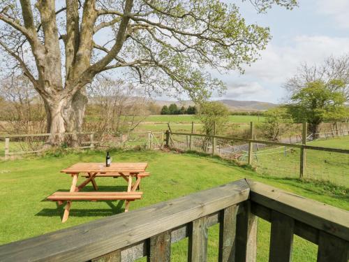 a picnic table on a deck with a tree at Row End farm in Warcop