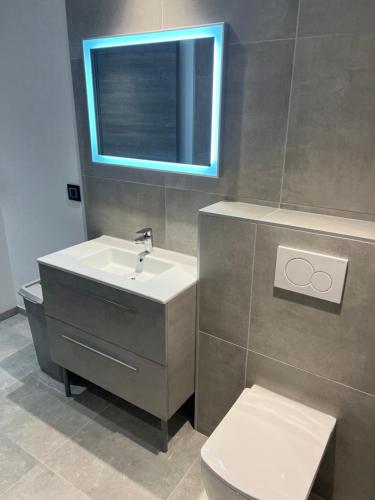 Un baño con lavabo, inodoro y espejo. en Appartement T2, neuf, climatisé avec terrrasse, en Aix-les-Bains